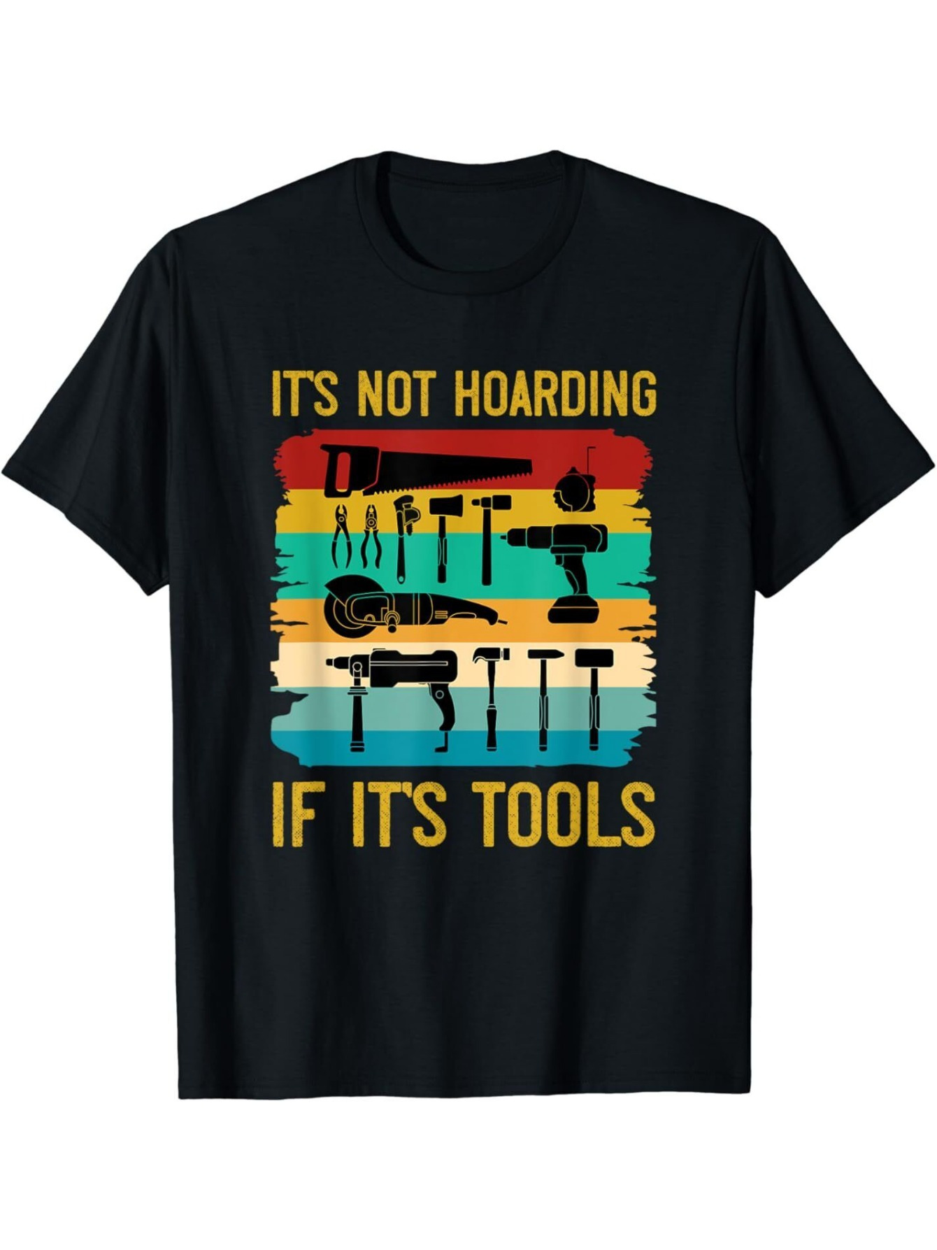 Collectible Vintage Tools - 面白いメンズブラックグラフィックTシャツツールコレクションハンマードリルレンチプライヤーソーヴィンテージスローガンプリント100％コットンヘビーウェイト半袖カジュアルストリートウェアTシャツ