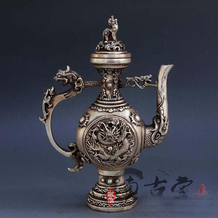 Collectible Vintage Wine - トップコレクション # ホームオフィス装飾アート - 古いヴィンテージ中国貴族銀龍彫刻アート銀メッキワインポット