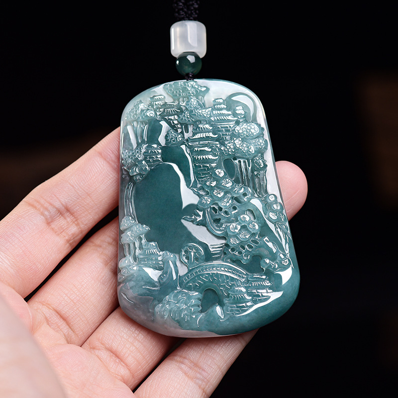 Vintage Necklace - 天然ビルマ翡翠風景ペンダントネックレスヴィンテージファッションお守り彫刻お守り本物の翡翠高級ギフト女性のための