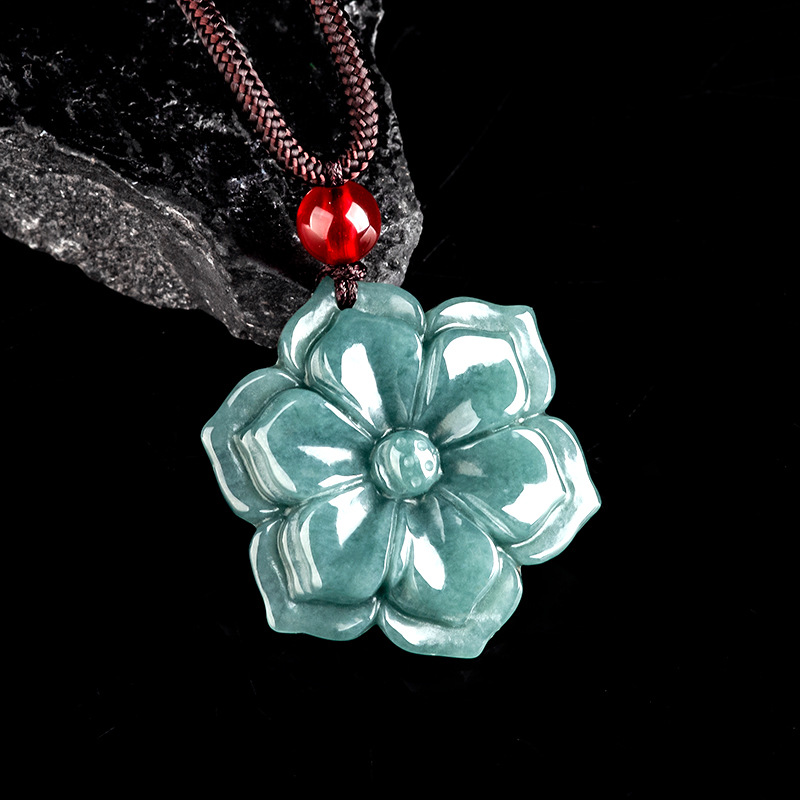 Vintage Necklace - ビルマ翡翠フラワーペンダントネックレスストーンファッションアクセサリーお守り天然宝石高級ヴィンテージビルマ翡翠