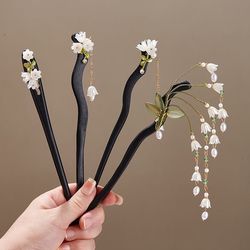 Vintage Jewelry Collection - 木製フラワーヘアピンヴィンテージ Convallaria Majalis ロングタッセルヘアスティック女性のためのエレガントな髪飾りピンジュエリーヘアアクセサリー