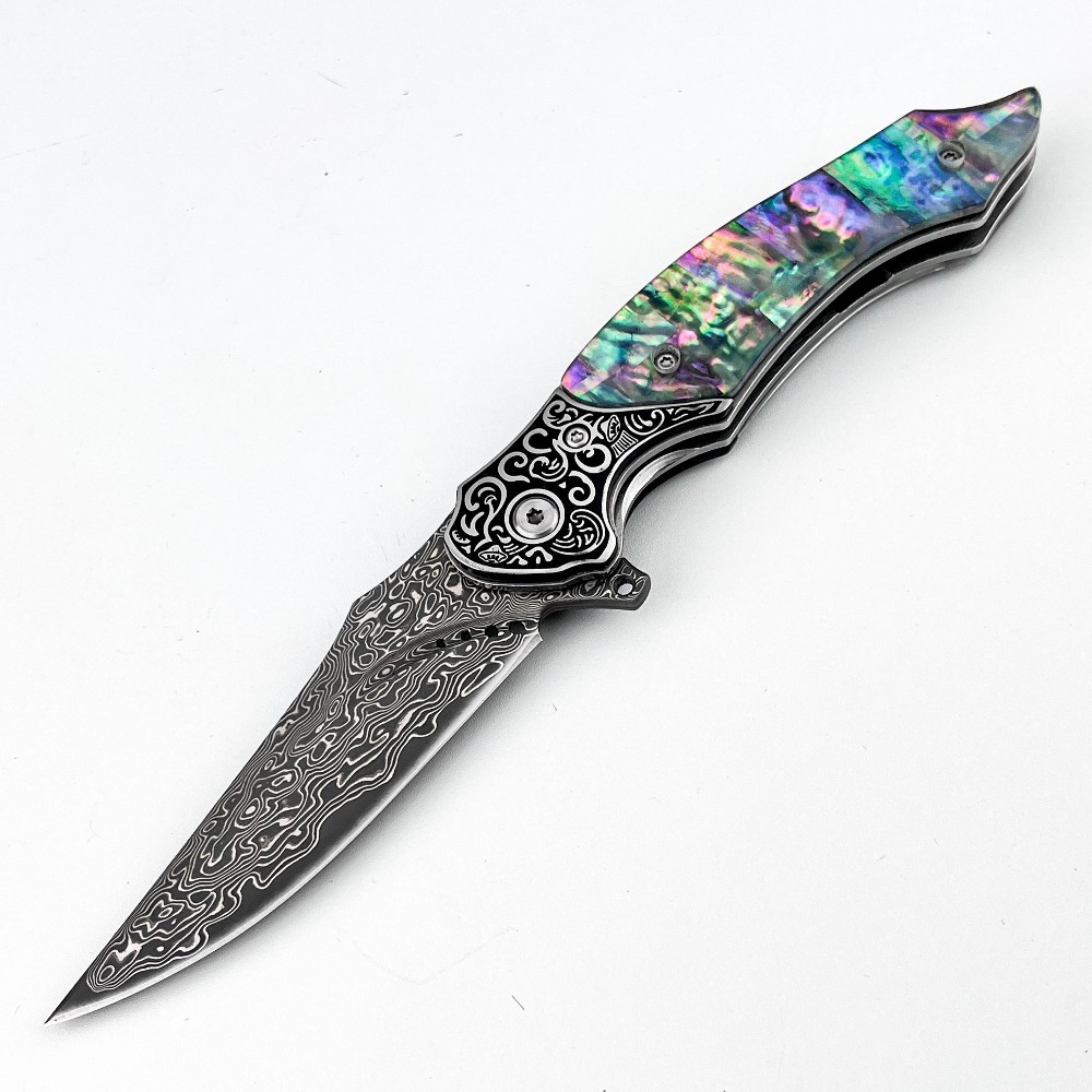 Vintage Collectible Pocket Knives - 新品ヴィンテージダマスカス模様ブレード折りたたみナイフ虹色アバロンシェルハンドルコレクタブルポケットキャリーEDCジャングルナイフ
