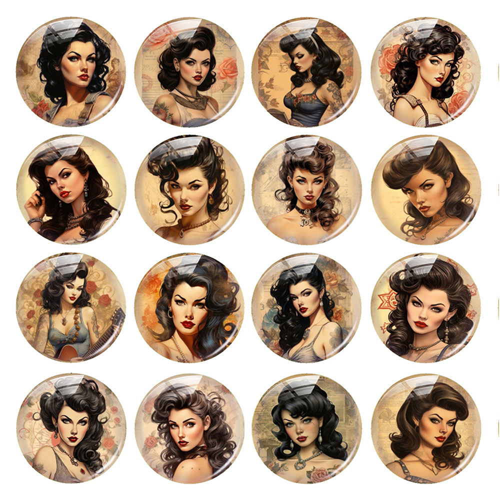 Vintage Jewelry Collection - ランダムミックスラウンド/オーバル/スクエアヴィンテージタトゥー入り女性ガールフラワーフォトガラスカボションフラットバックデモカメオDIYジュエリー製作用