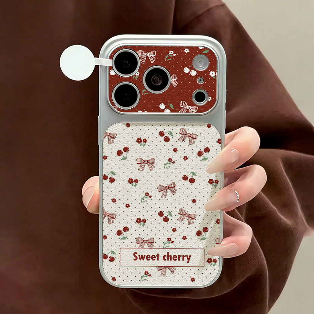 Camera Leather Case - スイートチェリーボウレザーフォンケース iPhone 12 14 17 Pro
