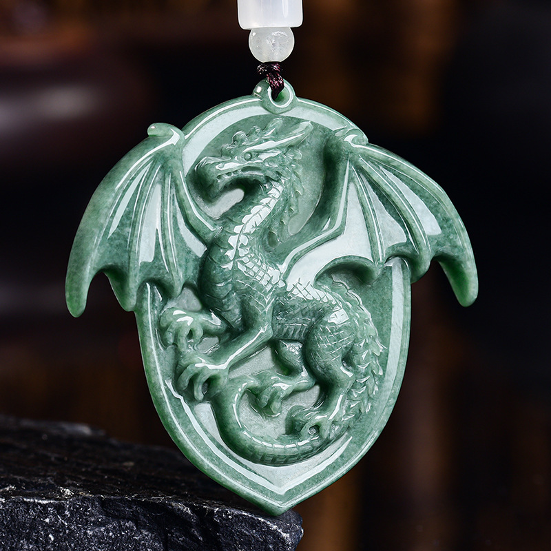 Vintage Necklace - 天然ビルマ翡翠ドラゴンペンダントネックレス宝石彫刻お守りヴィンテージ高級本物の翡翠ジュエリーチャームギフト女性のための