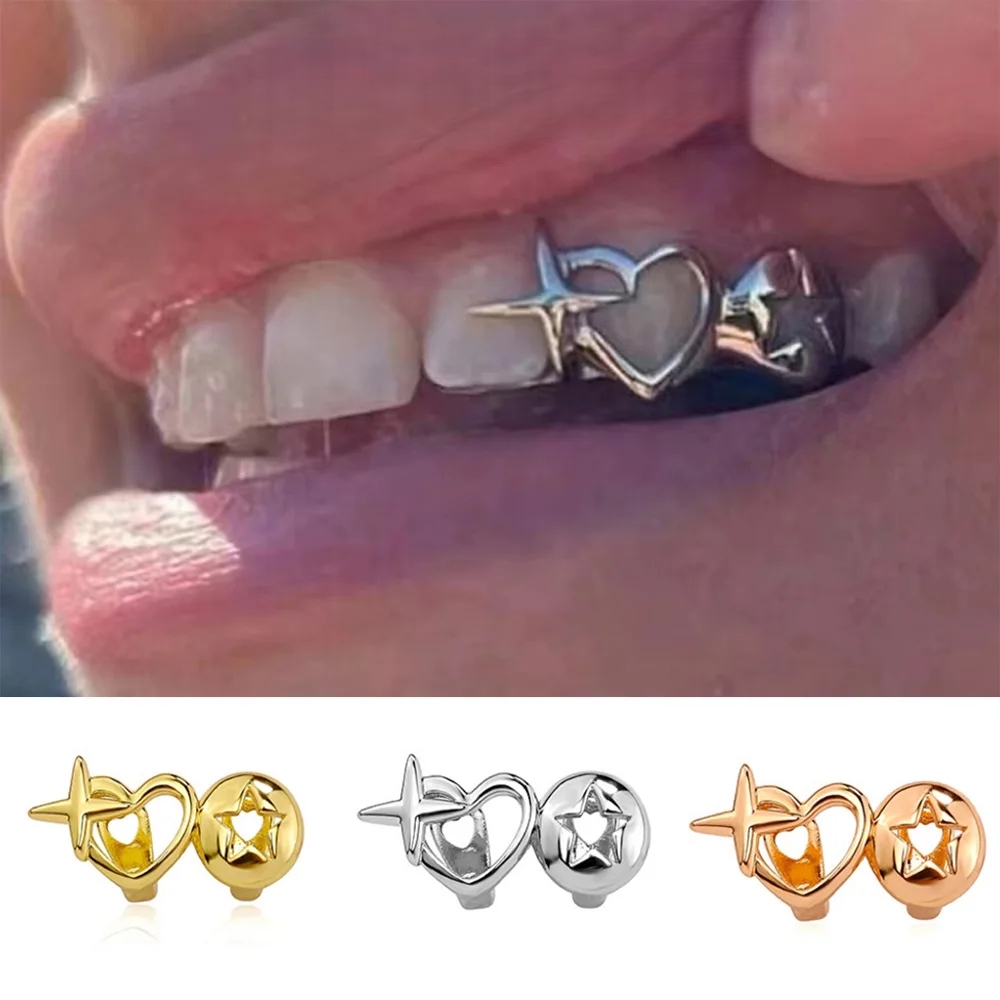 Vintage Jewelry Collection - パンクヒップホップ ホローハート歯キャップ 女性男性用 ヴィンテージシルバーカラー ダブルラブスター歯グリル カップルジュエリーアクセサリー