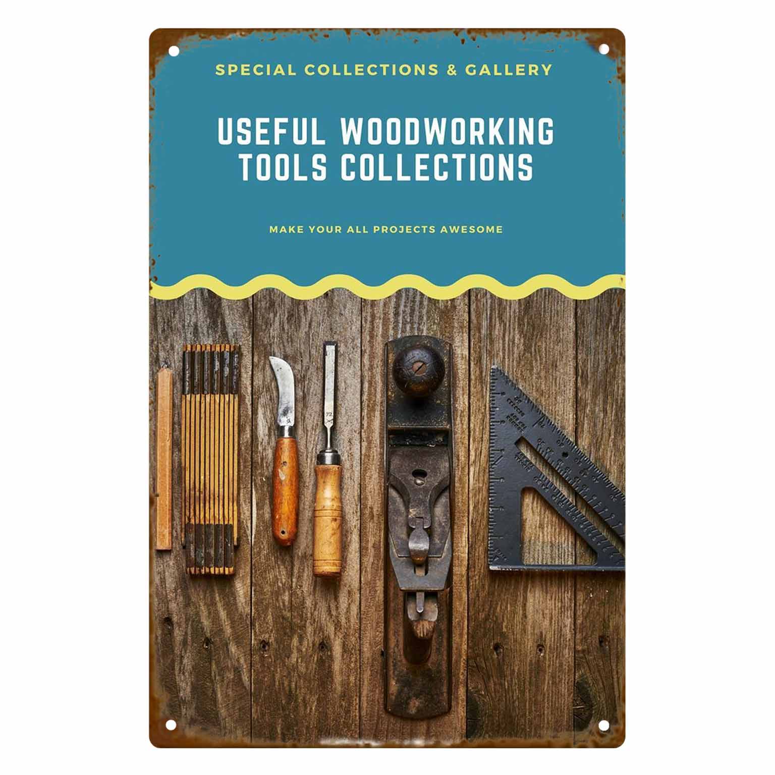 Collectible Vintage Tools - 2Dフラット1個入り「便利な木工ツールコレクション」ヴィンテージメタルウォールサインデコレーション、家庭用ワークショップ、ガレージ、ポーチ、庭用