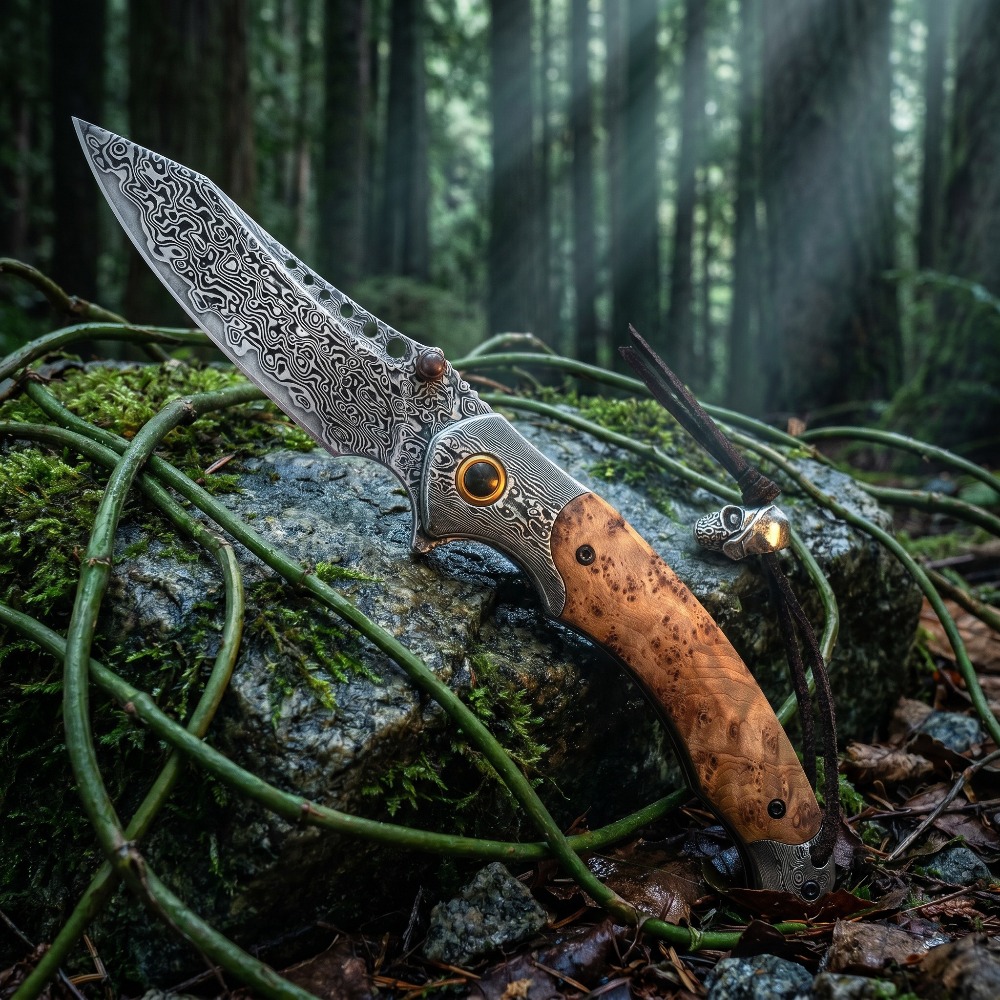 Vintage Collectible Pocket Knives - 高硬度ダマスカス模様折りたたみナイフ、ヴィンテージ装飾コレクターズアイテムポケットナイフ、ギフトコレクション用ジャングルナイフ
