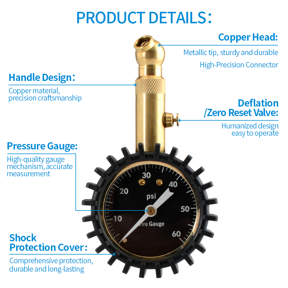 0-60PSI タイヤ空気圧計 2インチダイヤル式機械式銅製 - Analog Meter Gauge のレビューと価格