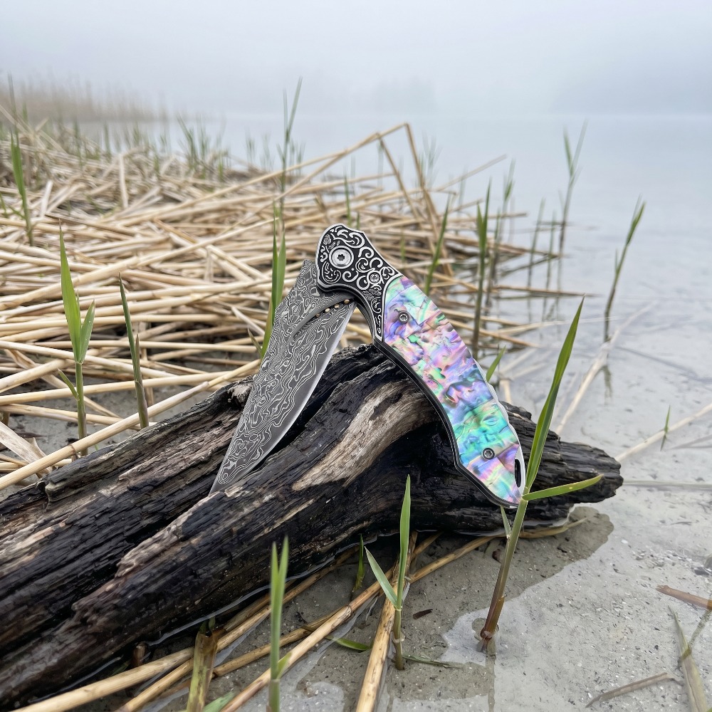 新品ヴィンテージダマスカス模様ブレード折りたたみナイフ虹色ア - Vintage Collectible Pocket Knives のレビューと価格