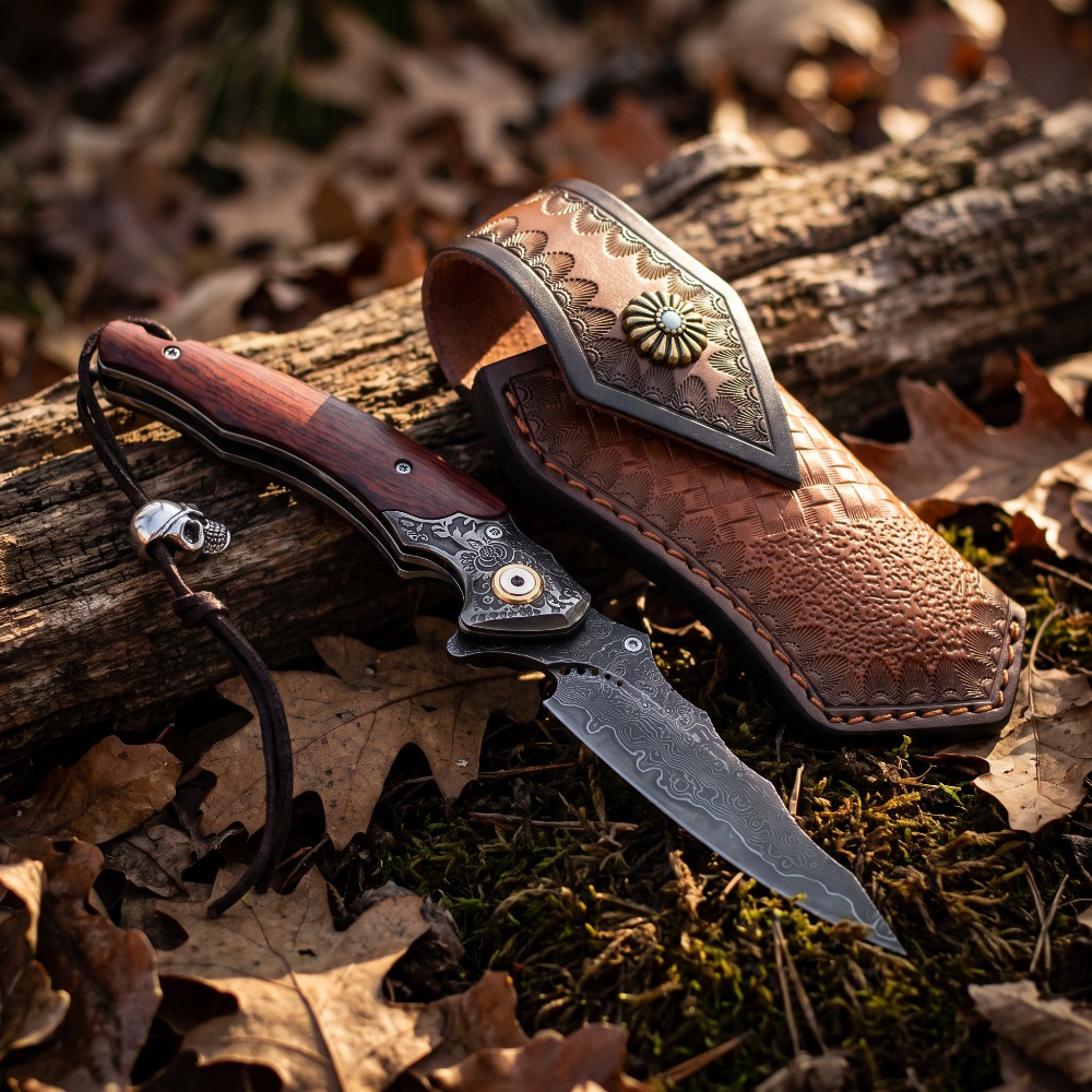 ヴィンテージ彫刻入り折りたたみナイフ、ダマスカス模様の刃、無 - Vintage Collectible Pocket Knives のレビューと価格