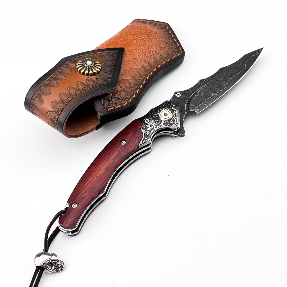 ヴィンテージ彫刻入り折りたたみナイフ、ダマスカス模様の刃、無 - Vintage Collectible Pocket Knives のレビューと価格