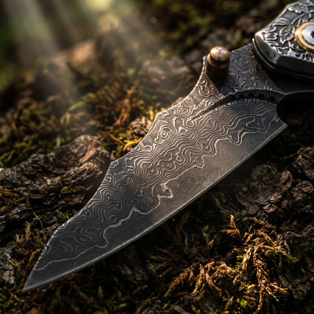 ヴィンテージ彫刻入り折りたたみナイフ、ダマスカス模様の刃、無 - Vintage Collectible Pocket Knives のレビューと価格